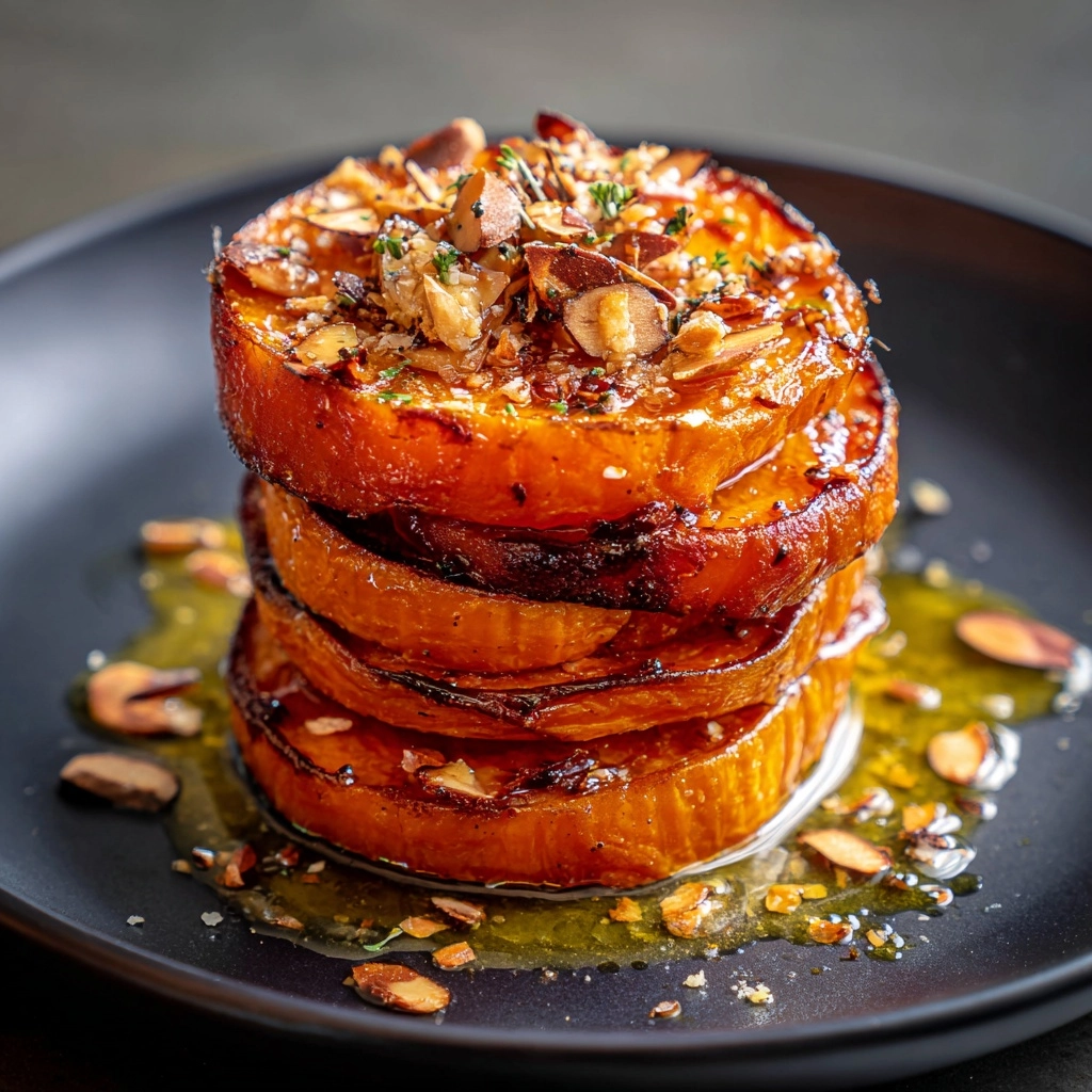 Sticky Maple Sweet Potato Stacks with Garlic & Almond Butter Recipe - Recipe Image