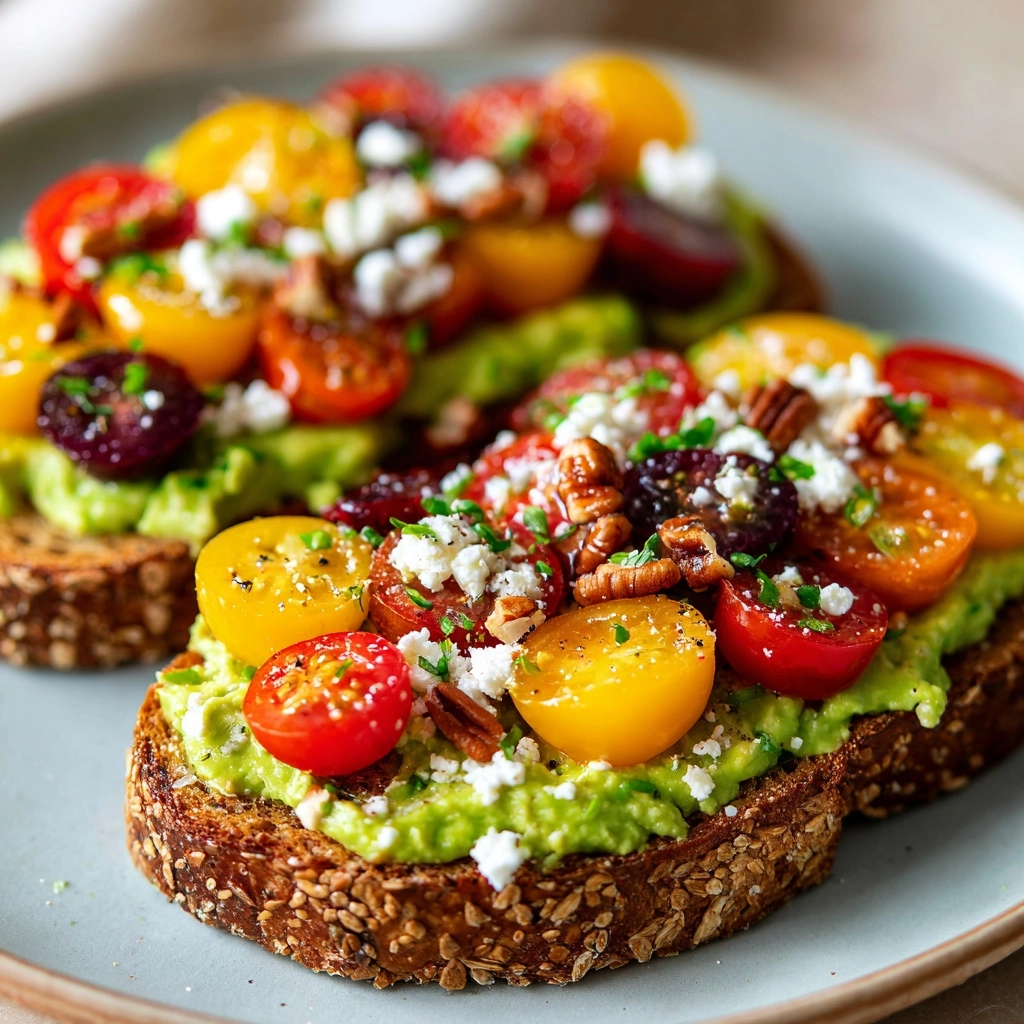 Avocado Toast with Feta Cheese, Cherry Tomatoes, Cranberries, and Walnuts Recipe - Recipe Image