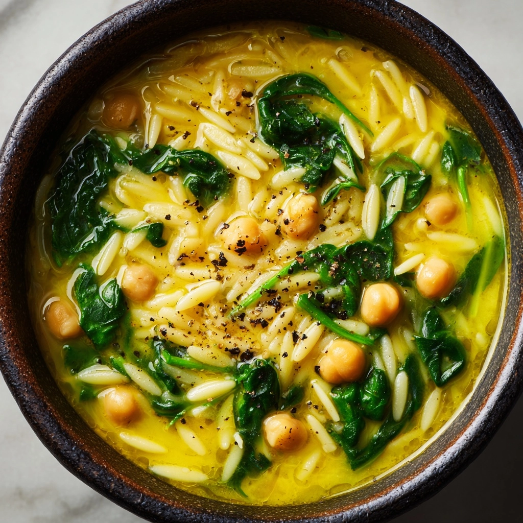 Golden Turmeric Soup with Chickpeas, Orzo, and Spinach Recipe - Recipe Image