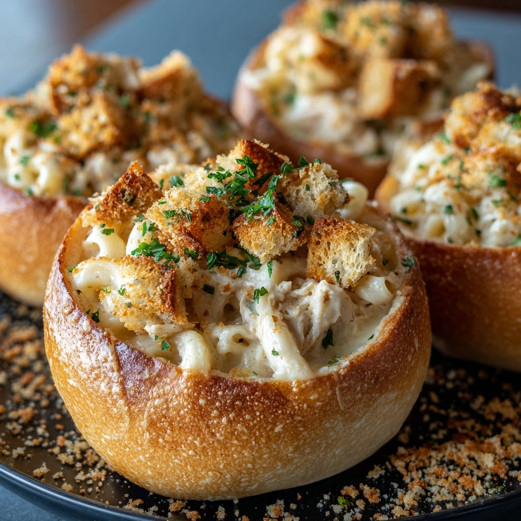 Chicken Alfredo Garlic Bread Bowls Recipe - Recipe Image