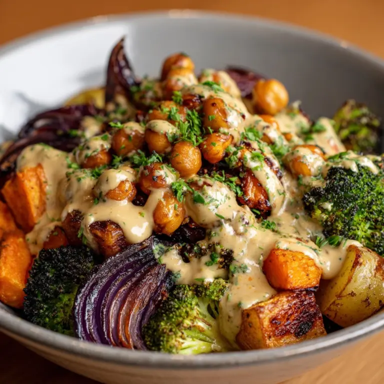 Roasted Veggie & Chickpea Bowls with Maple Dijon Tahini Dressing Recipe