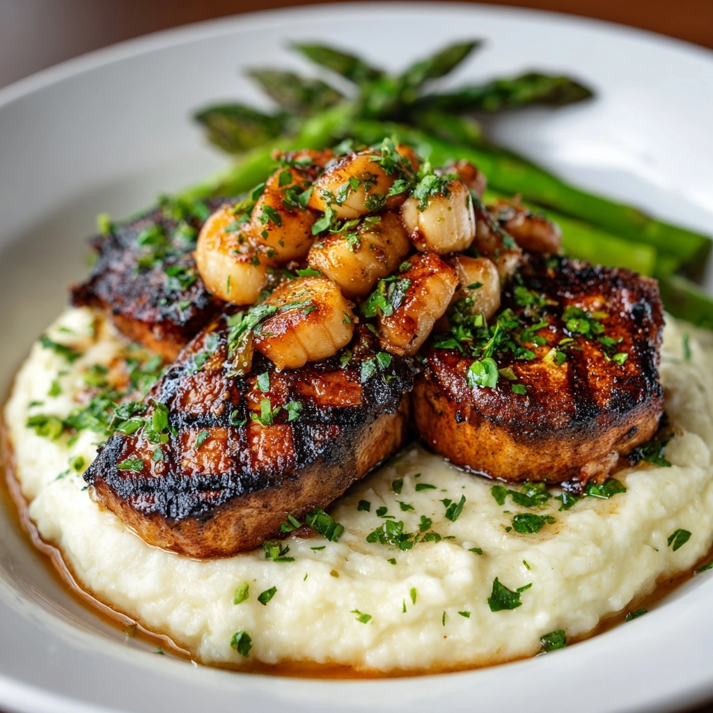 Lamb Chops over Lobster Mash with Asparagus Recipe - Recipe Image
