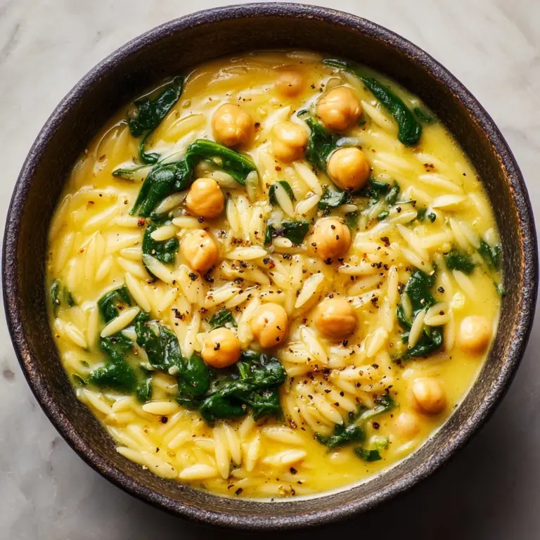 Golden Turmeric Soup with Chickpeas, Orzo, and Spinach Recipe