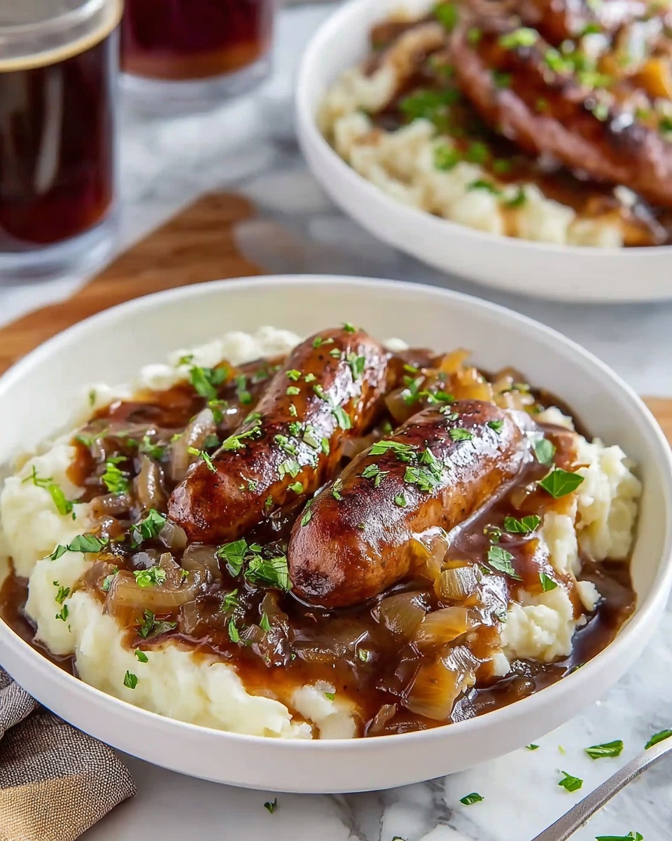 Bangers and Colcannon with Guinness Onion Gravy Recipe - Recipe Image