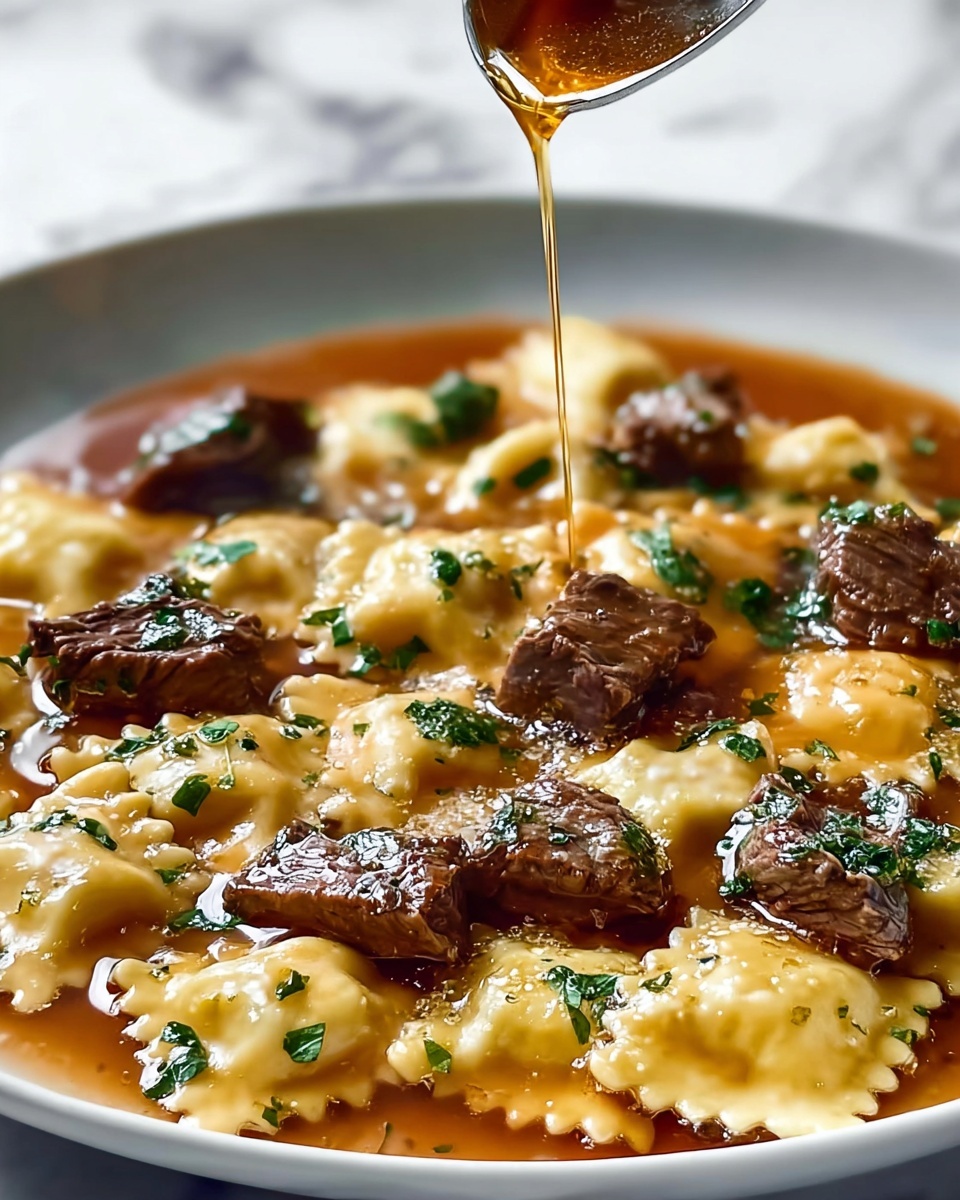 One-Skillet Garlic Butter Steak & Cheese Ravioli Recipe - Recipe Image