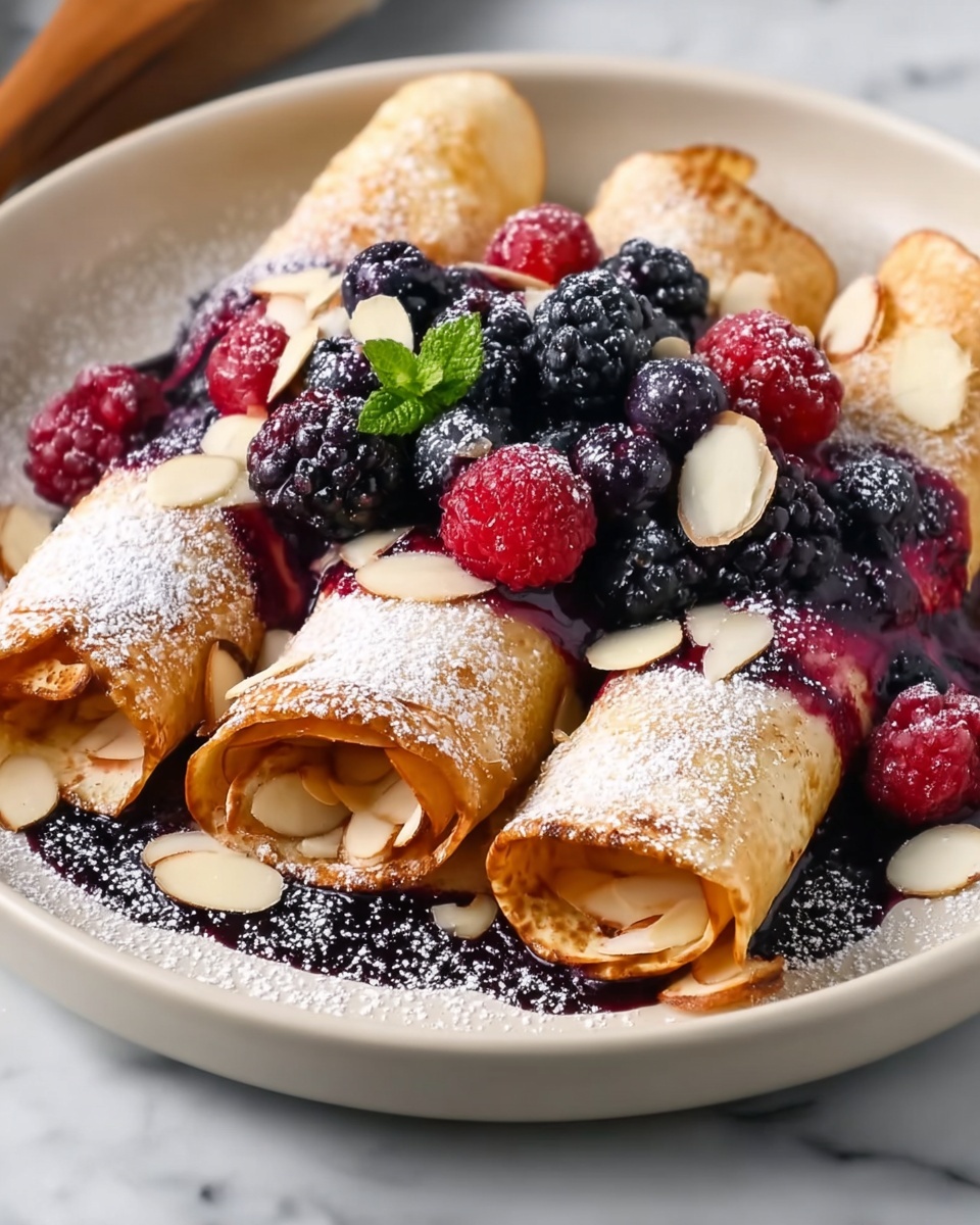Almond Crepes with Warm Berry Compote Recipe - Recipe Image