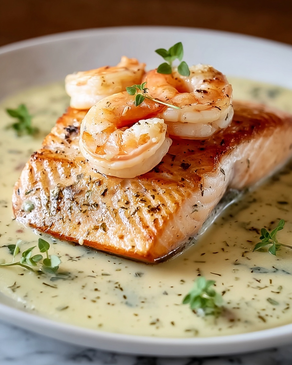 Salmon and Shrimp with Creamy Garlic Sauce Recipe - Recipe Image