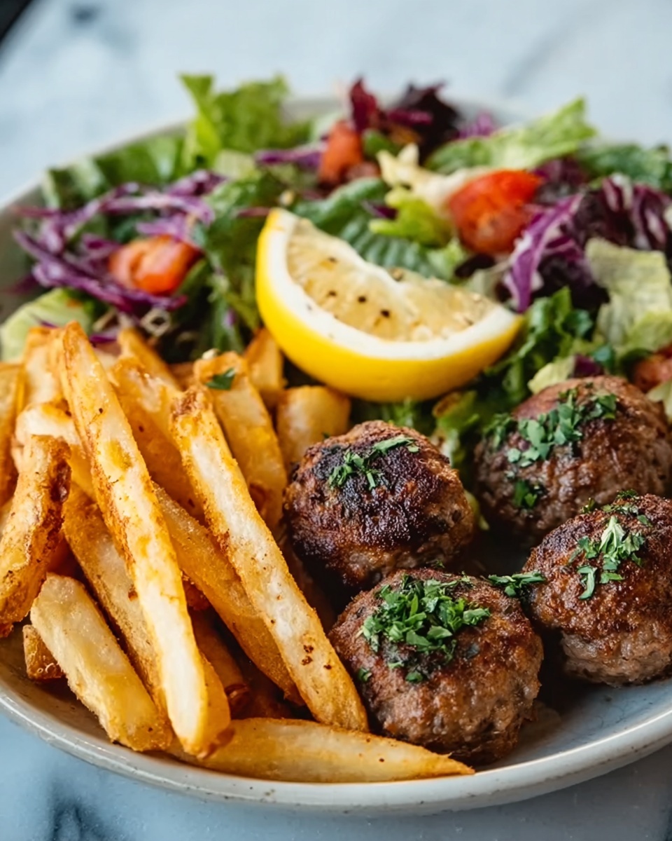Meatballs with Crispy Fries and Fresh Salad Recipe - Recipe Image