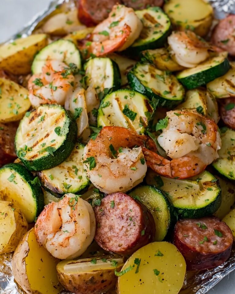 Shrimp, Zucchini, Potatoes, and Spicy Italian Sausage Foil Pack Recipe