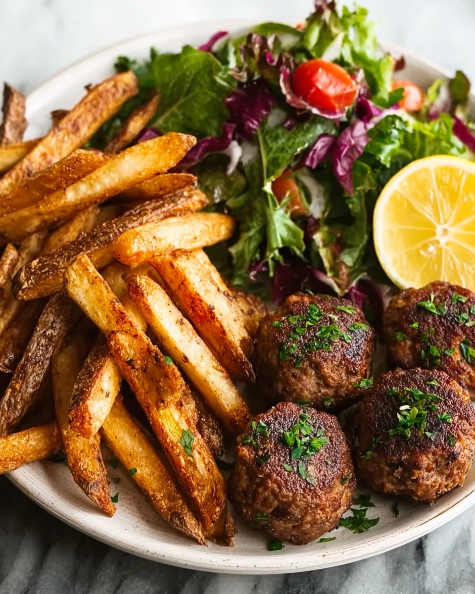 Meatballs with Crispy Fries and Fresh Salad Recipe - Recipe Image