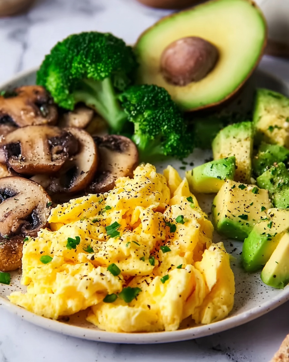 Keto Breakfast Plate with Creamy Scrambled Eggs, Mushrooms & Avocado Recipe - Recipe Image