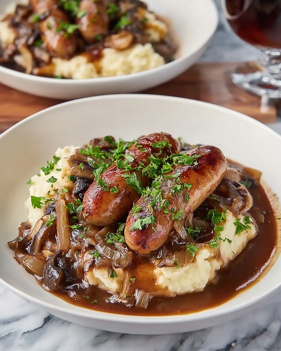 Bangers and Colcannon with Guinness Onion Gravy Recipe - Recipe Image
