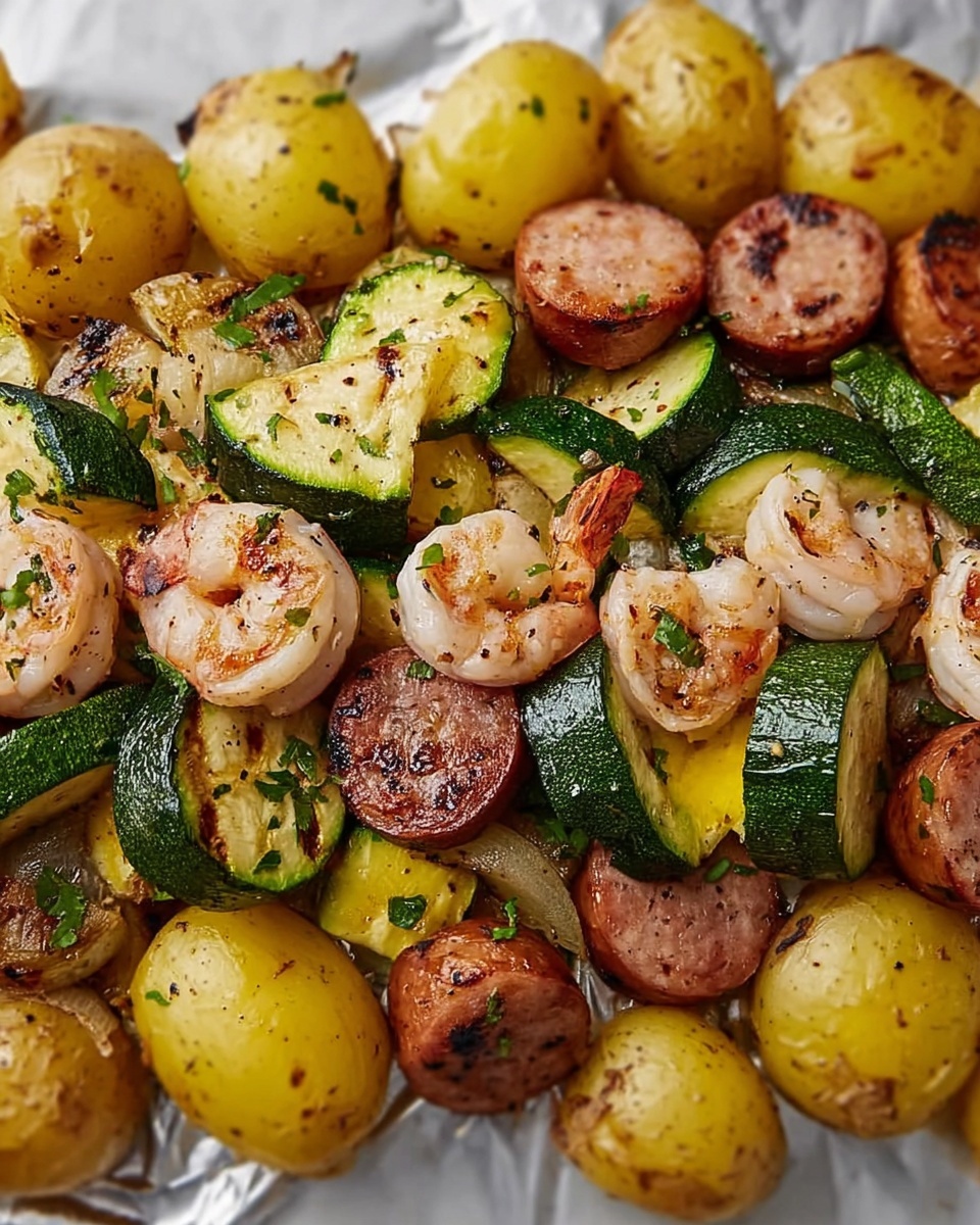 Shrimp, Zucchini, Potatoes, and Spicy Italian Sausage Foil Pack Recipe - Recipe Image