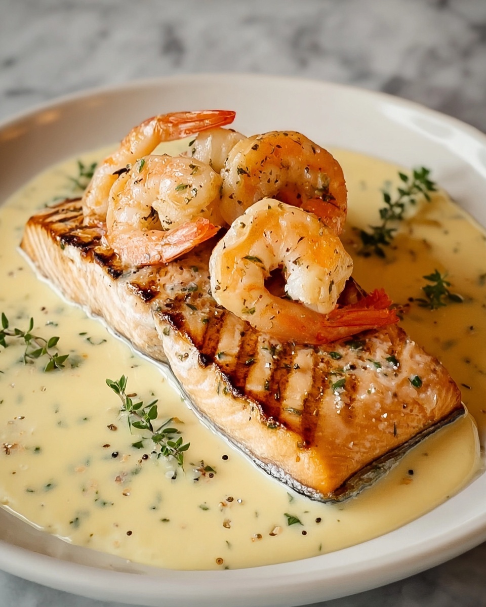 Salmon and Shrimp with Creamy Garlic Sauce Recipe - Recipe Image