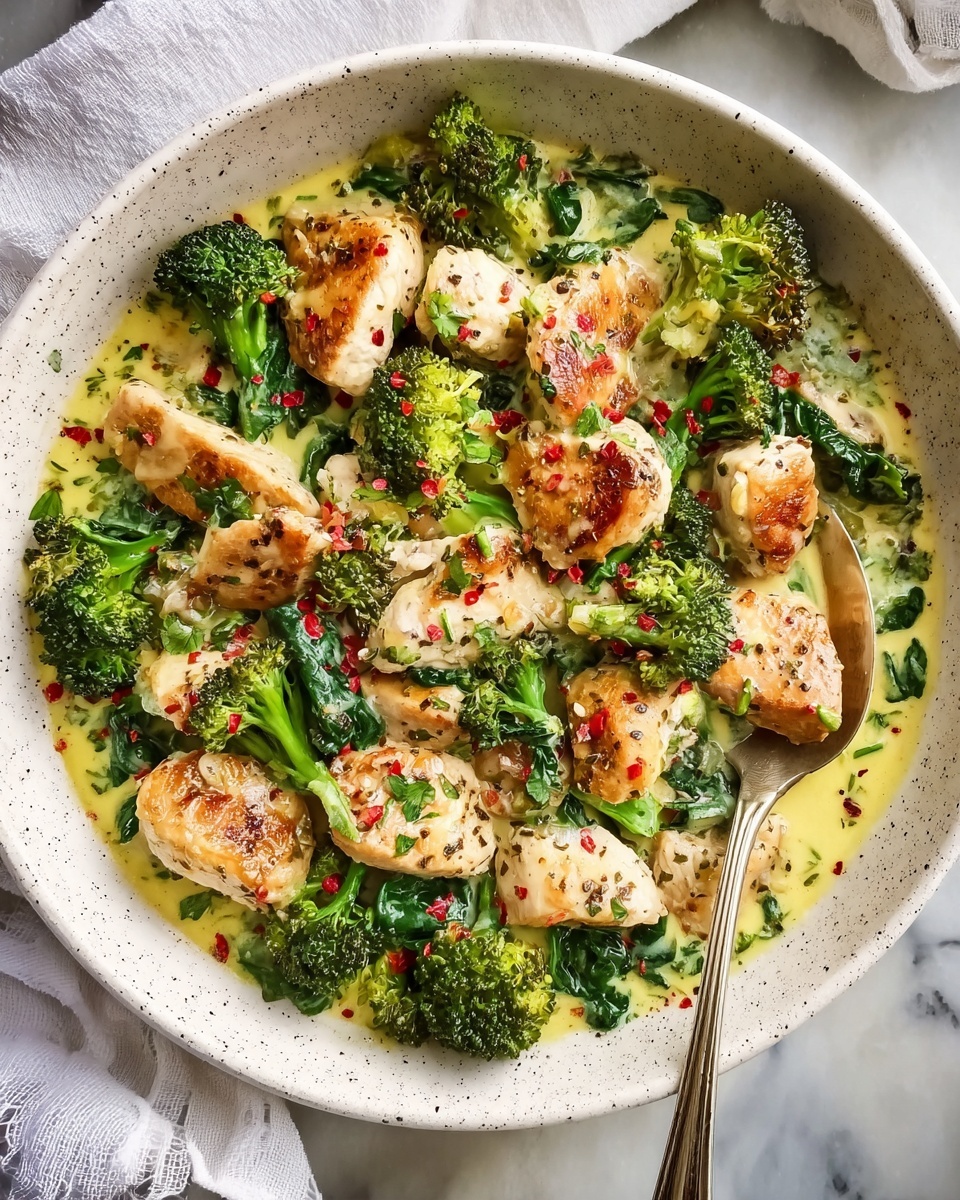 Garlic Chicken with Broccoli and Spinach in a Creamy Mozzarella Sauce Recipe - Recipe Image