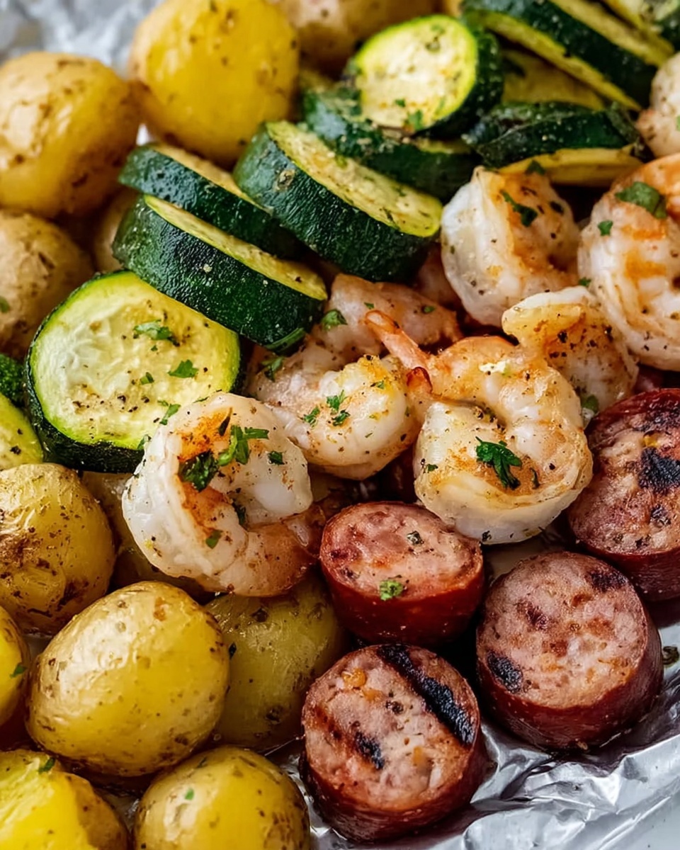 Shrimp, Zucchini, Potatoes, and Spicy Italian Sausage Foil Pack Recipe - Recipe Image