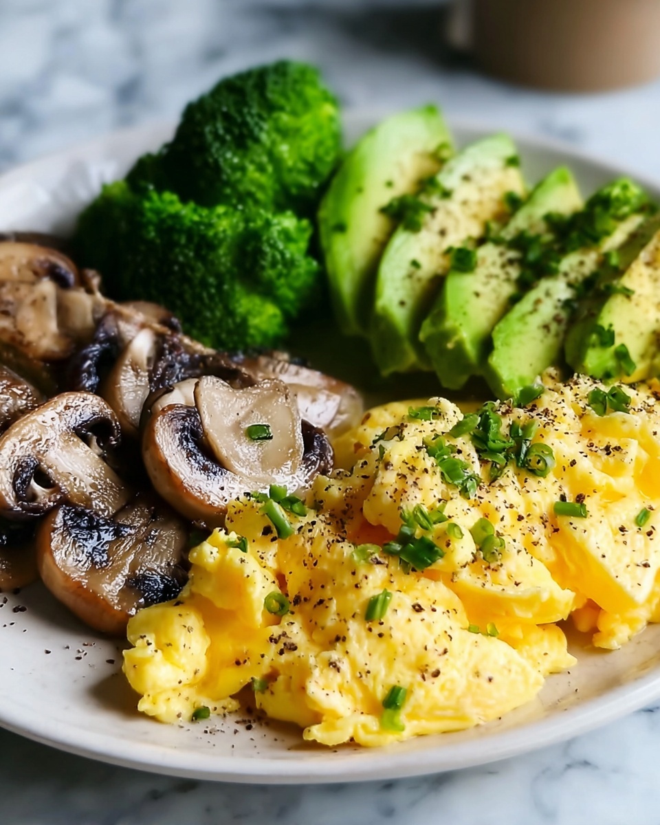 Keto Breakfast Plate with Creamy Scrambled Eggs, Mushrooms & Avocado Recipe - Recipe Image