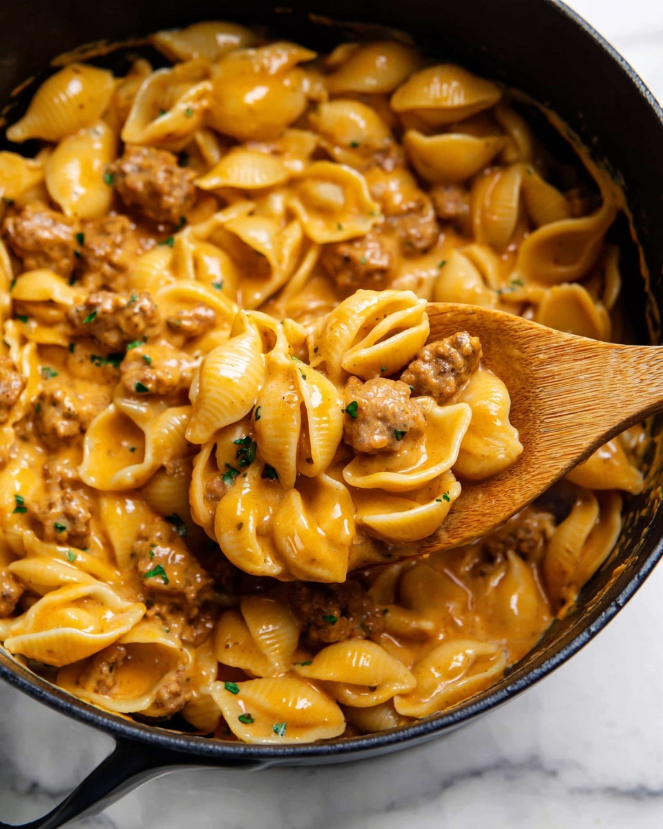 One Pot Cheesy Italian Sausage and Shells Recipe - Recipe Image
