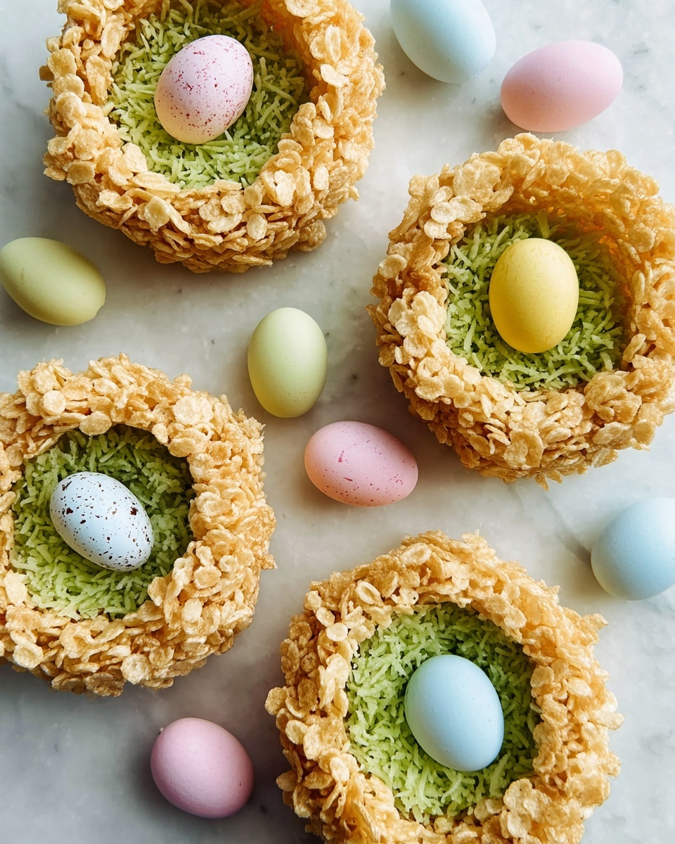 Adorable Rice Krispie Nests with Green Coconut and Candy Robin Eggs Recipe - Recipe Image