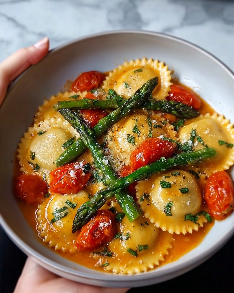 Elegant Ravioli with Tomatoes, Asparagus, Garlic, and Herbs for Effortless Dinners Recipe - Recipe Image