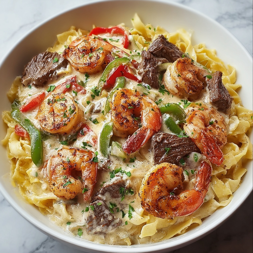 Cajun Shrimp and Steak Alfredo Pasta Recipe - Recipe Image