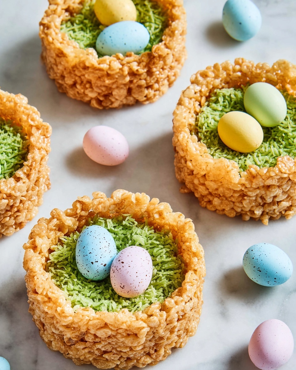 Adorable Rice Krispie Nests with Green Coconut and Candy Robin Eggs Recipe - Recipe Image