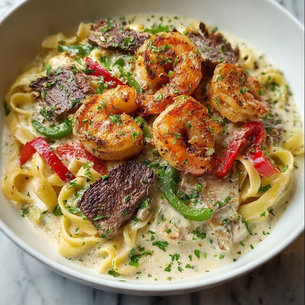 Cajun Shrimp and Steak Alfredo Pasta Recipe - Recipe Image
