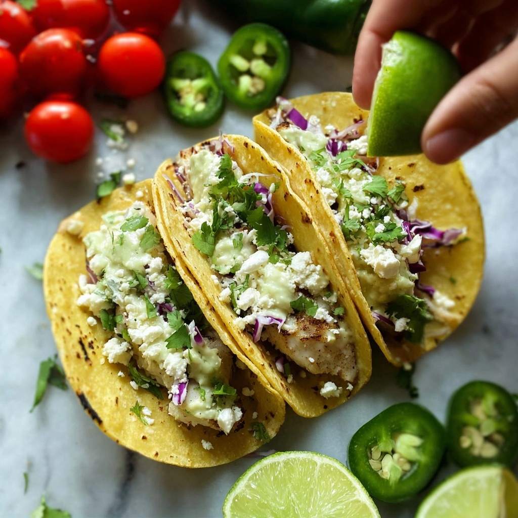 Grilled Fish Tacos with Spicy Coleslaw and Avocado Cream Recipe - Recipe Image