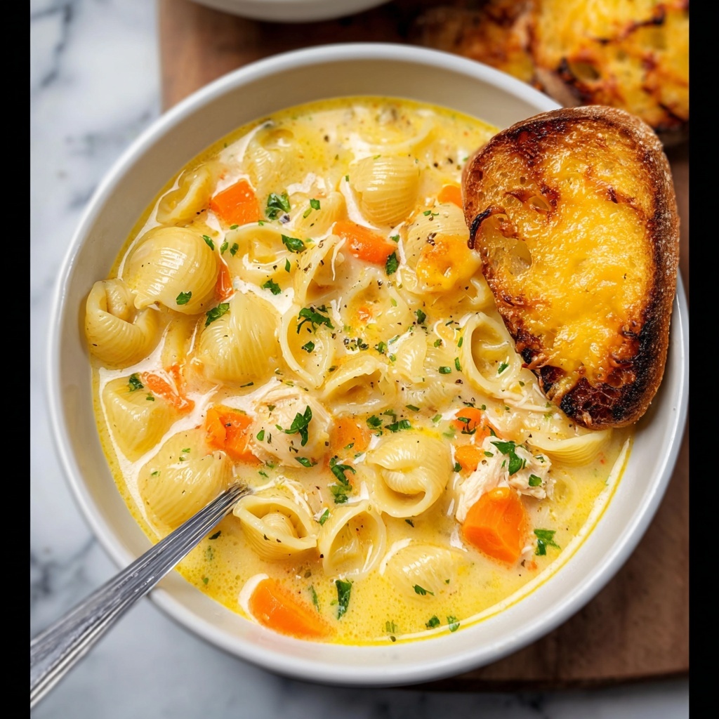 Creamy Chicken Macaroni Soup with Cheddar and Gruyère Recipe - Recipe Image