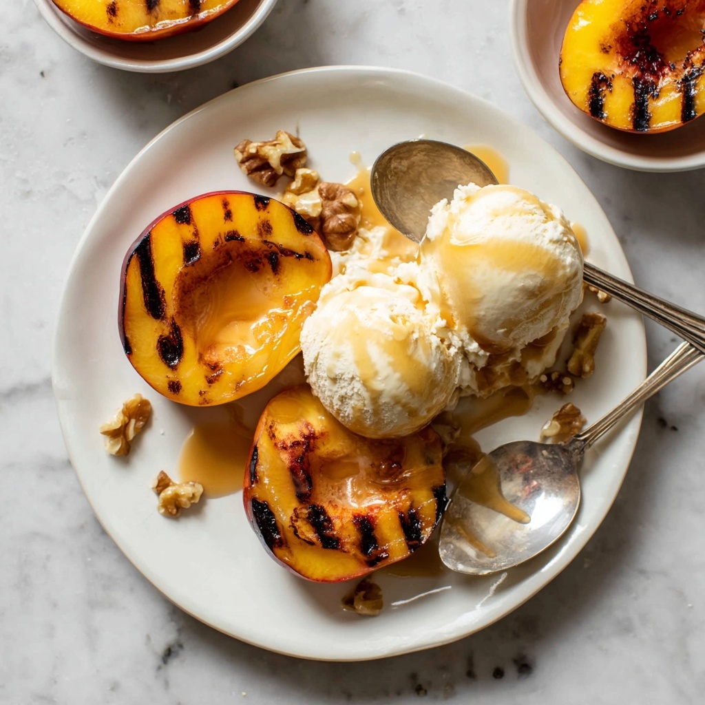 Grilled Peaches with Vanilla Ice Cream, Caramel Sauce, & Nuts Recipe - Recipe Image