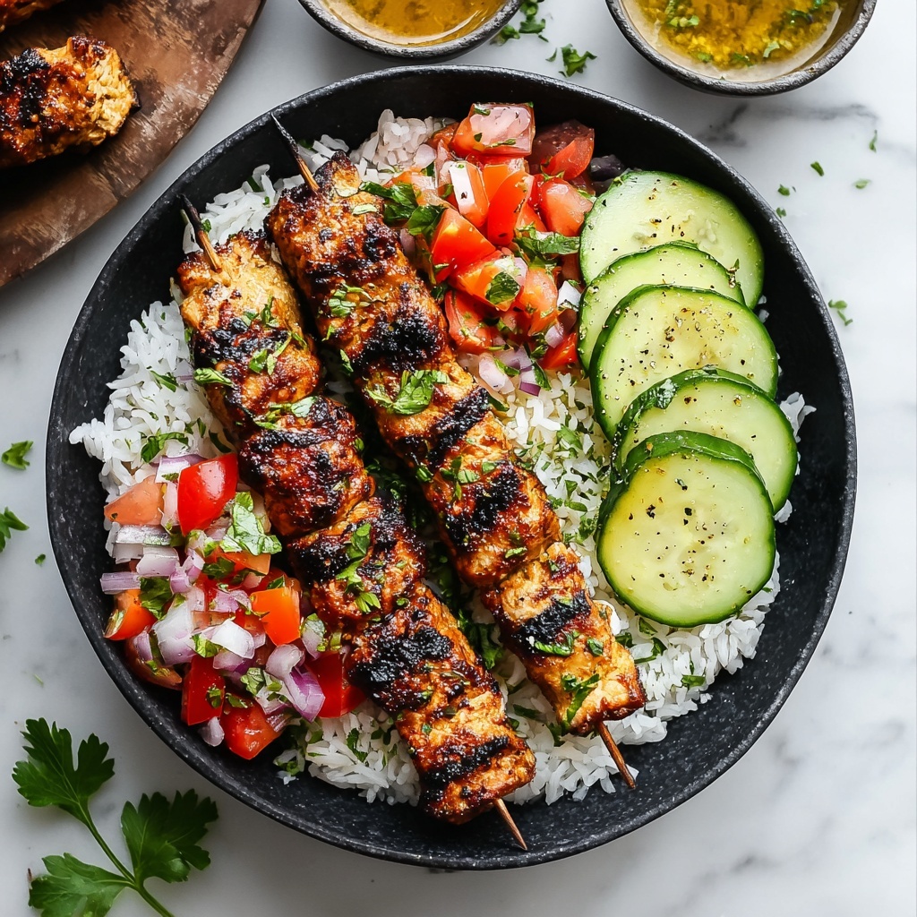 Mediterranean Rice Bowl with Grilled Chicken Tawook Skewers Recipe - Recipe Image