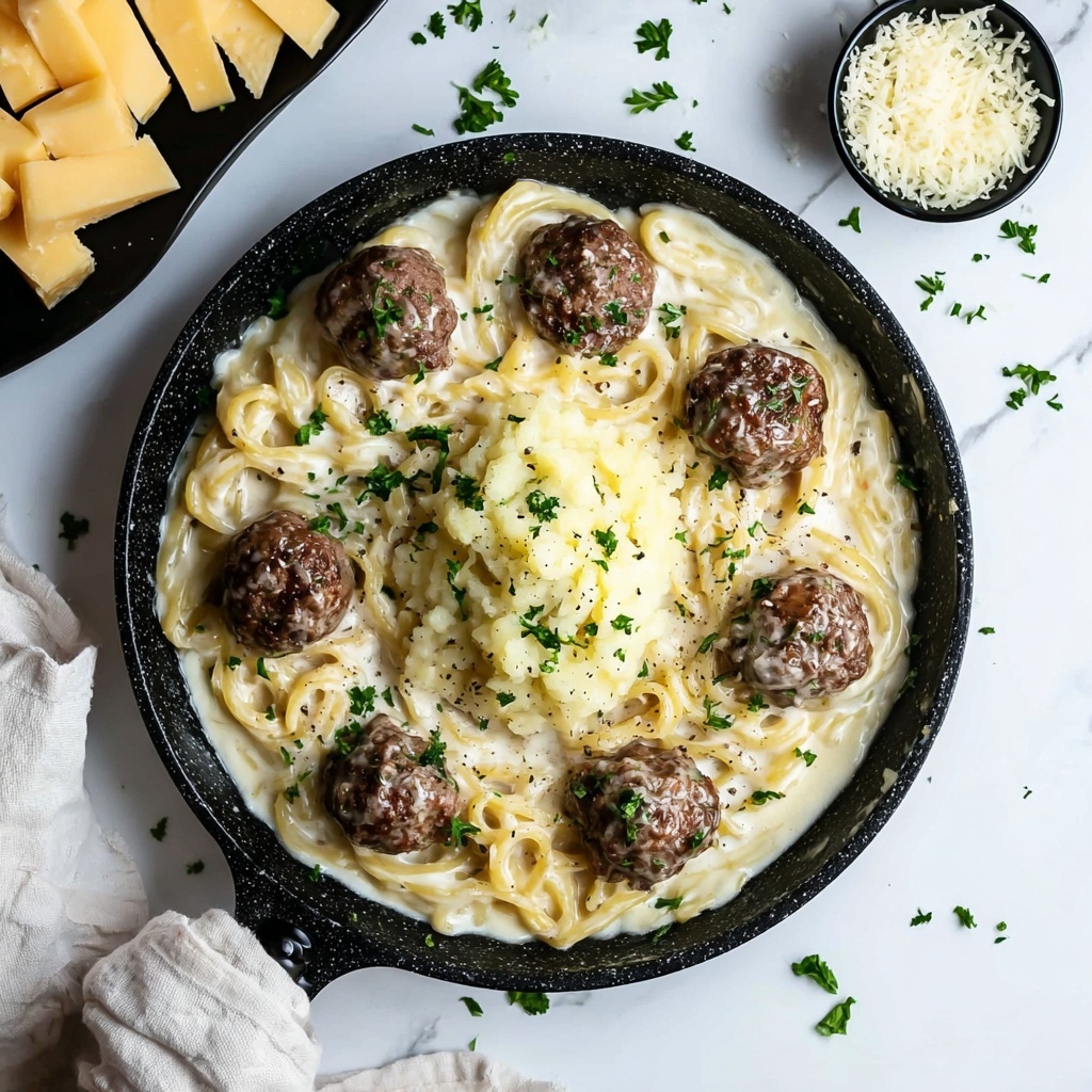 Garlic Butter Meatballs over Creamy Parmesan Linguine Recipe - Recipe Image