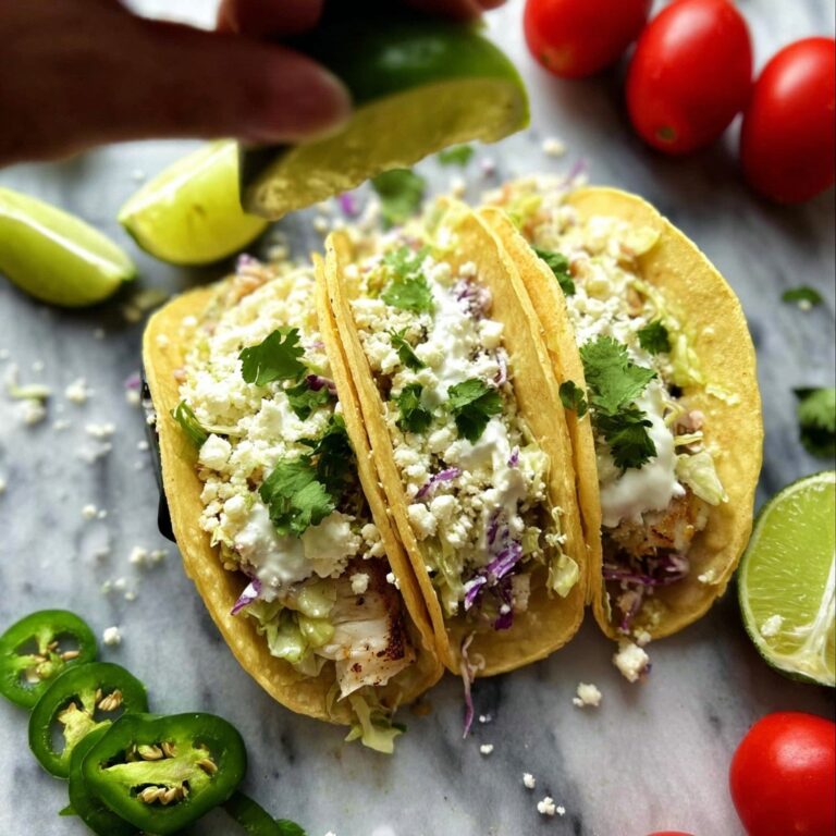 Grilled Fish Tacos with Spicy Coleslaw and Avocado Cream Recipe