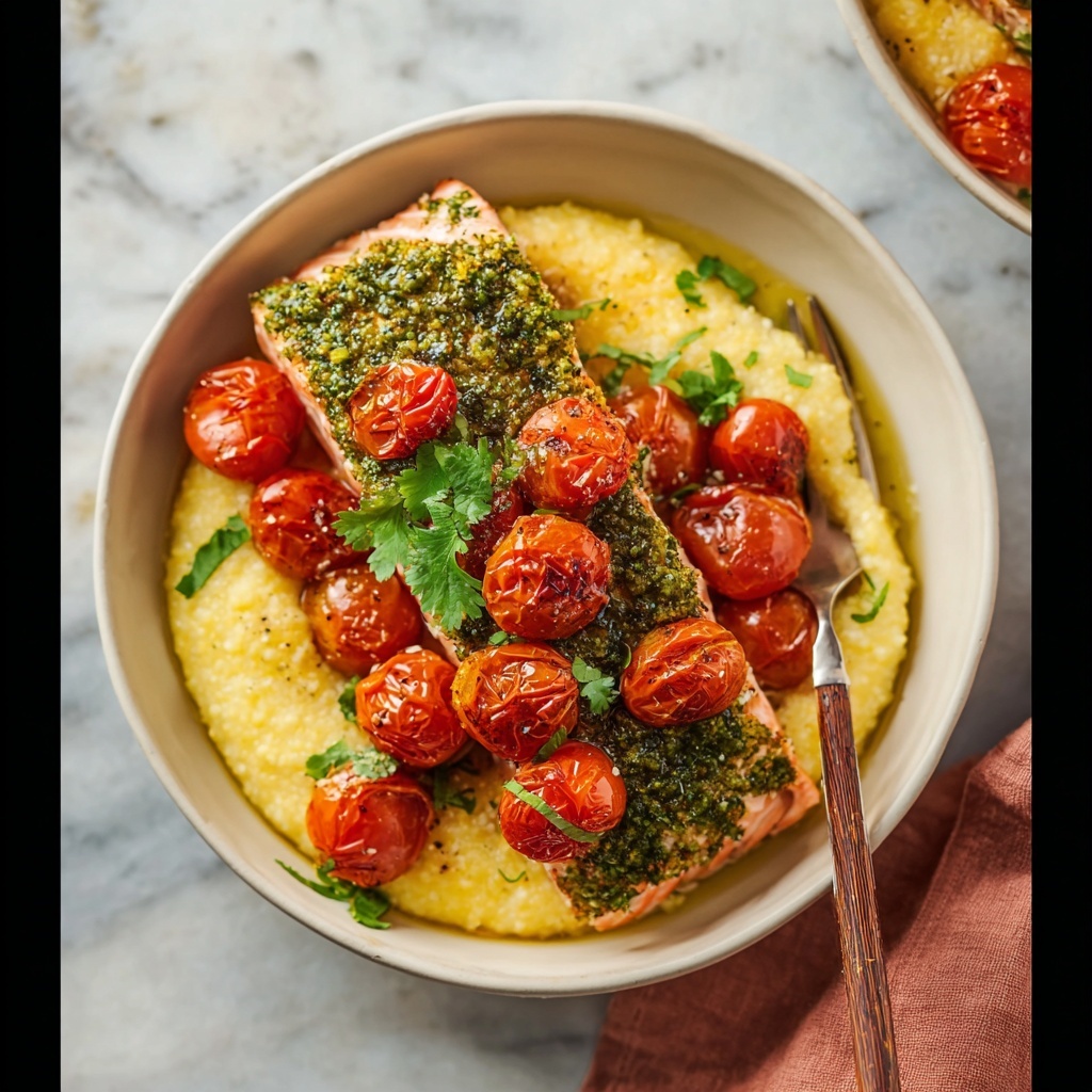 Herb-Crusted Salmon with Goat Cheese Polenta and Cherry Tomatoes Recipe - Recipe Image