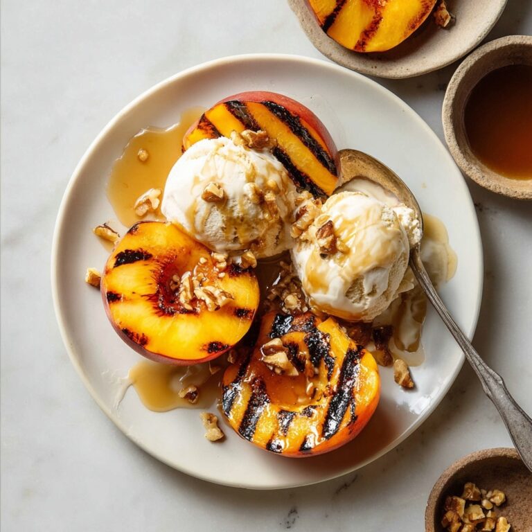 Grilled Peaches with Vanilla Ice Cream, Caramel Sauce, & Nuts Recipe