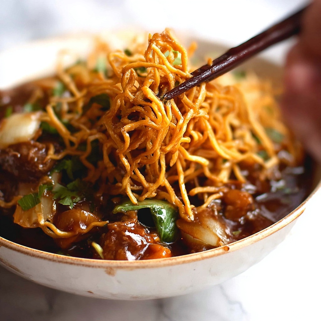 Chinese Crispy Noodles with Saucy Chicken and Vegetables Recipe - Recipe Image