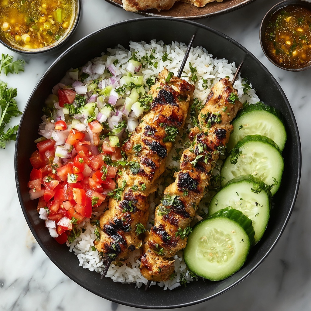 Mediterranean Rice Bowl with Grilled Chicken Tawook Skewers Recipe - Recipe Image