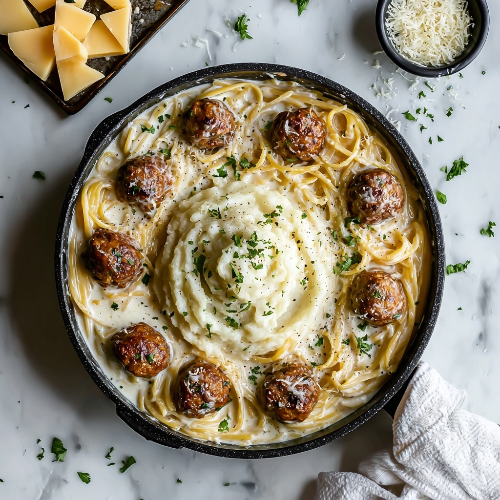 Garlic Butter Meatballs over Creamy Parmesan Linguine Recipe - Recipe Image