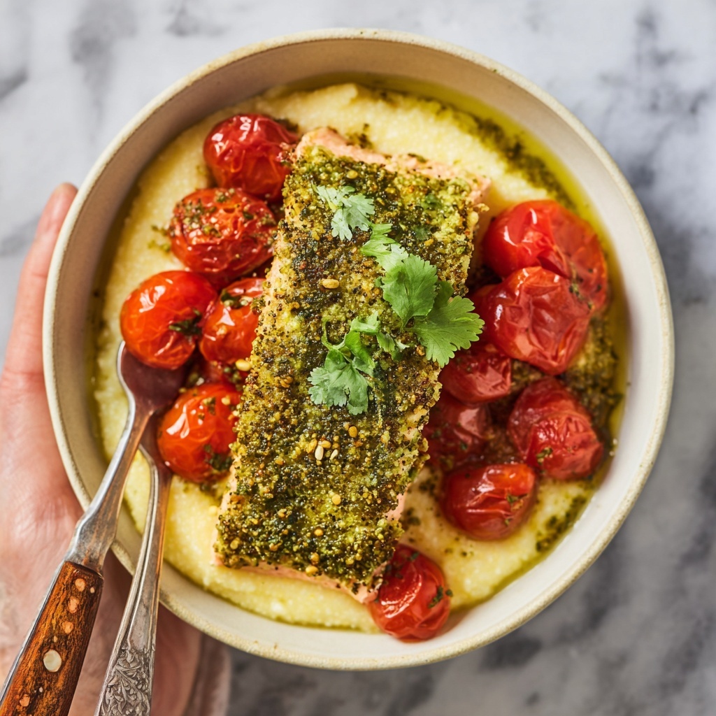 Herb-Crusted Salmon with Goat Cheese Polenta and Cherry Tomatoes Recipe - Recipe Image
