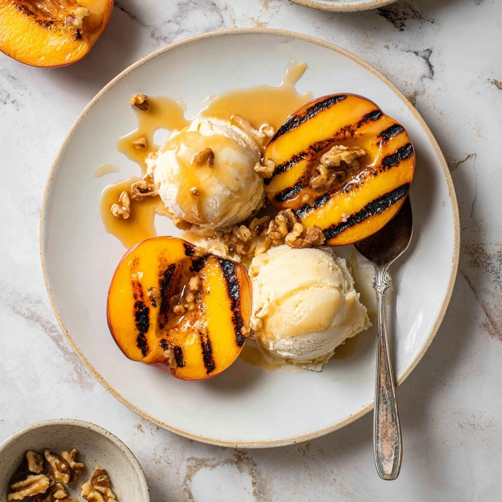 Grilled Peaches with Vanilla Ice Cream, Caramel Sauce, & Nuts Recipe - Recipe Image