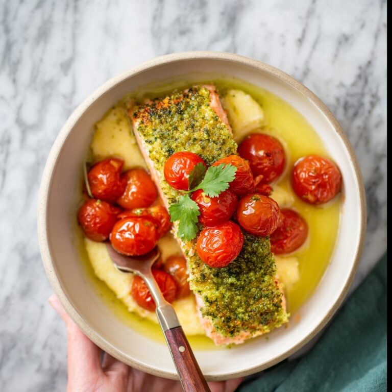 Herb-Crusted Salmon with Goat Cheese Polenta and Cherry Tomatoes Recipe