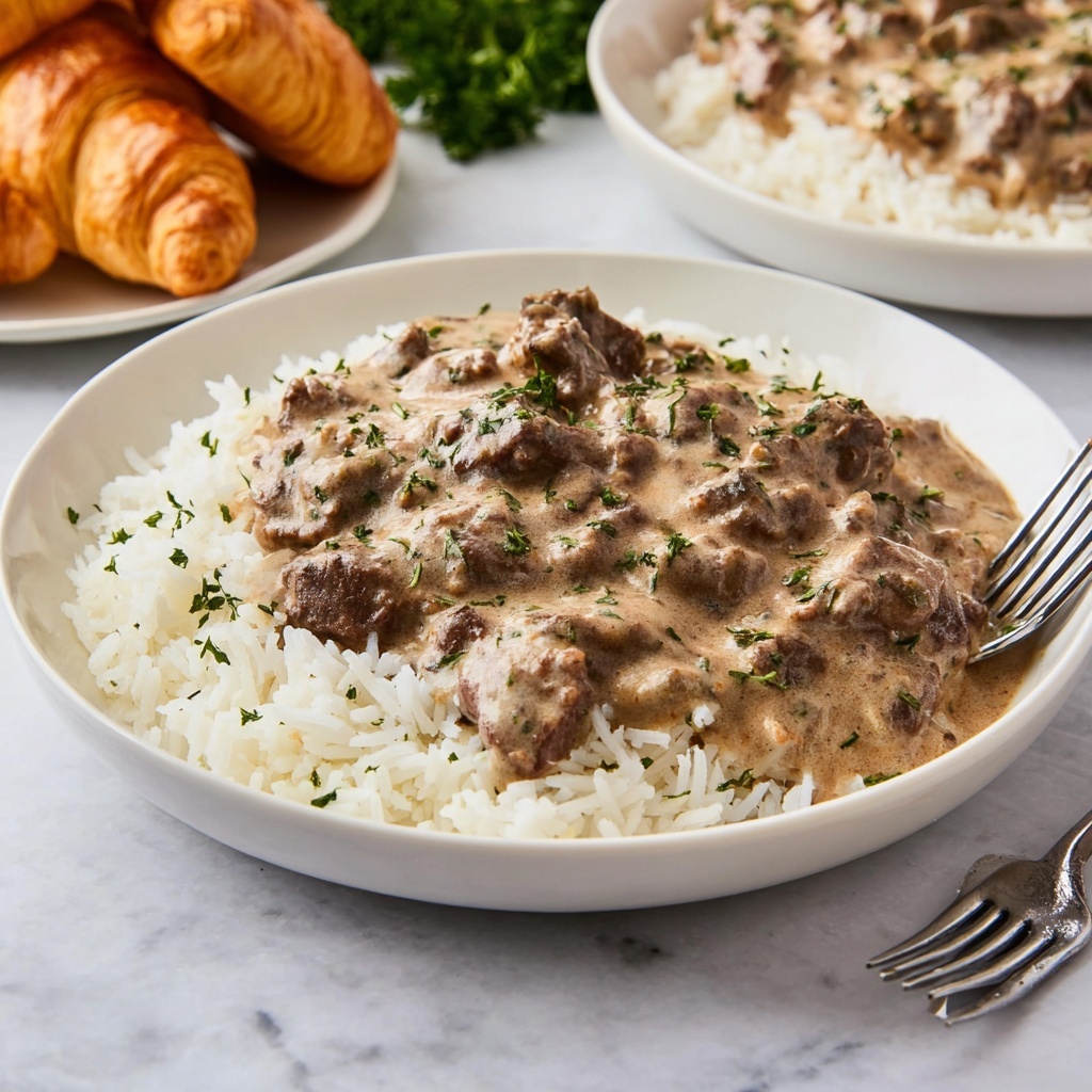 Beef Tips and Cream of Mushroom Soup Over Rice Recipe - Recipe Image
