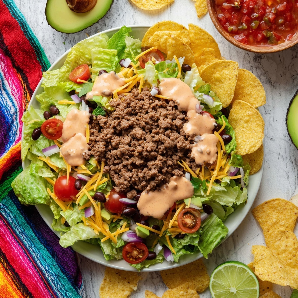 Taco Salad with Ground Beef, Fresh Veggies, and Creamy Salsa Yogurt Dressing Recipe - Recipe Image