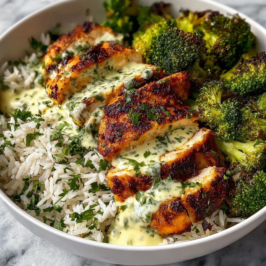 Grilled Chicken and Broccoli Bowls with Creamy Garlic Sauce Recipe - Recipe Image