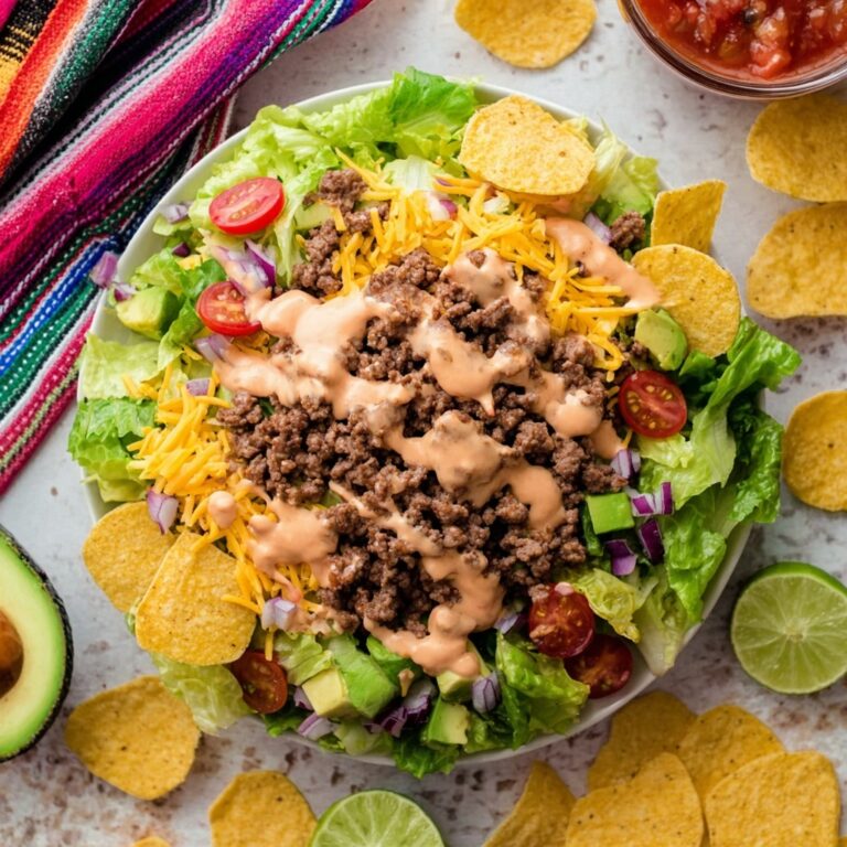 Taco Salad with Ground Beef, Fresh Veggies, and Creamy Salsa Yogurt Dressing Recipe