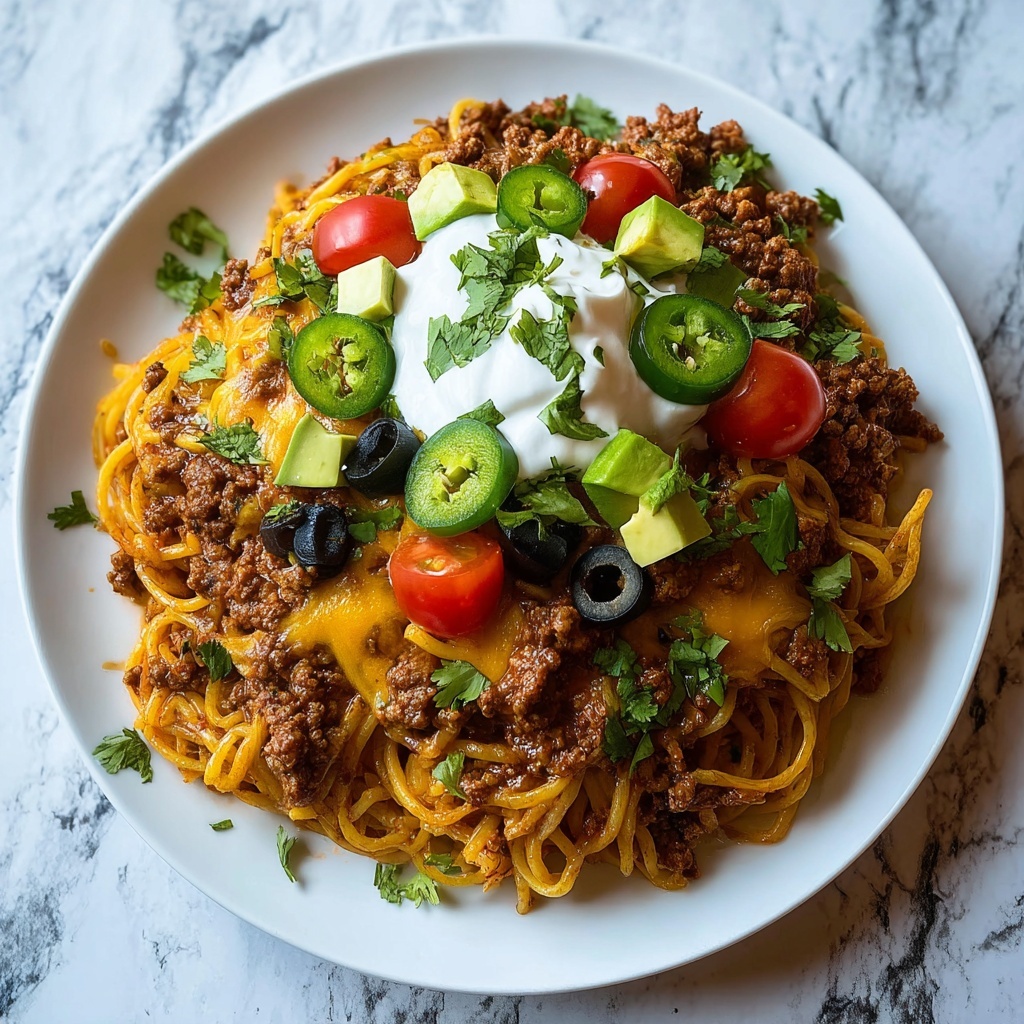 Cheesy Spicy Baked Taco Spaghetti Recipe - Recipe Image