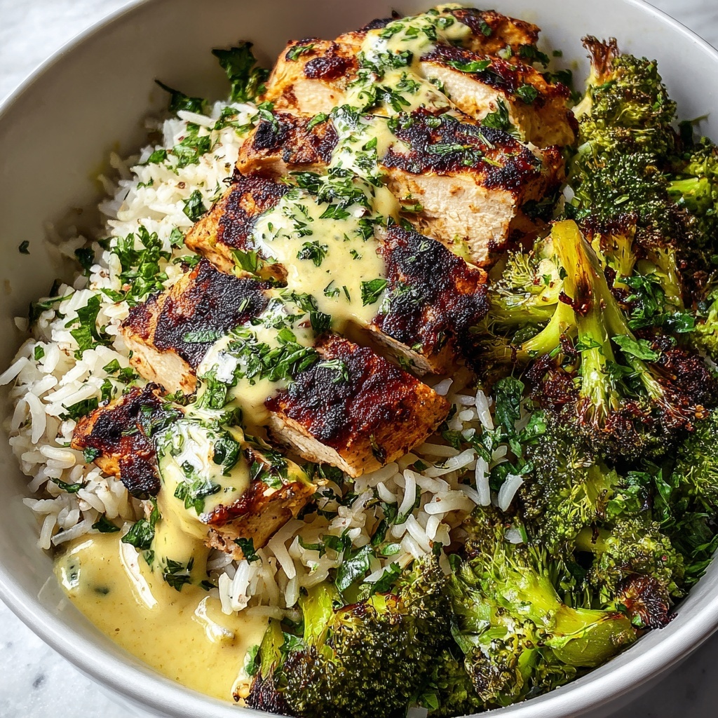 Grilled Chicken and Broccoli Bowls with Creamy Garlic Sauce Recipe - Recipe Image