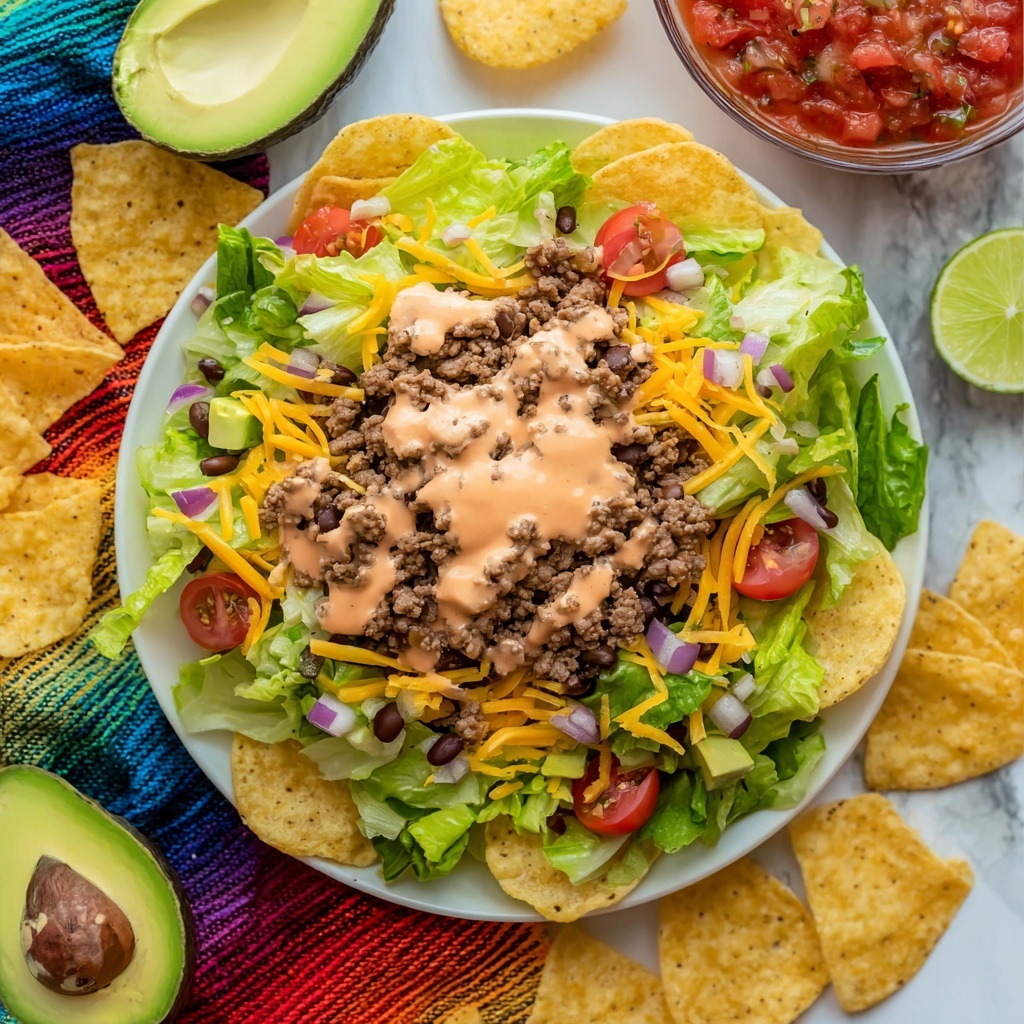 Taco Salad with Ground Beef, Fresh Veggies, and Creamy Salsa Yogurt Dressing Recipe - Recipe Image