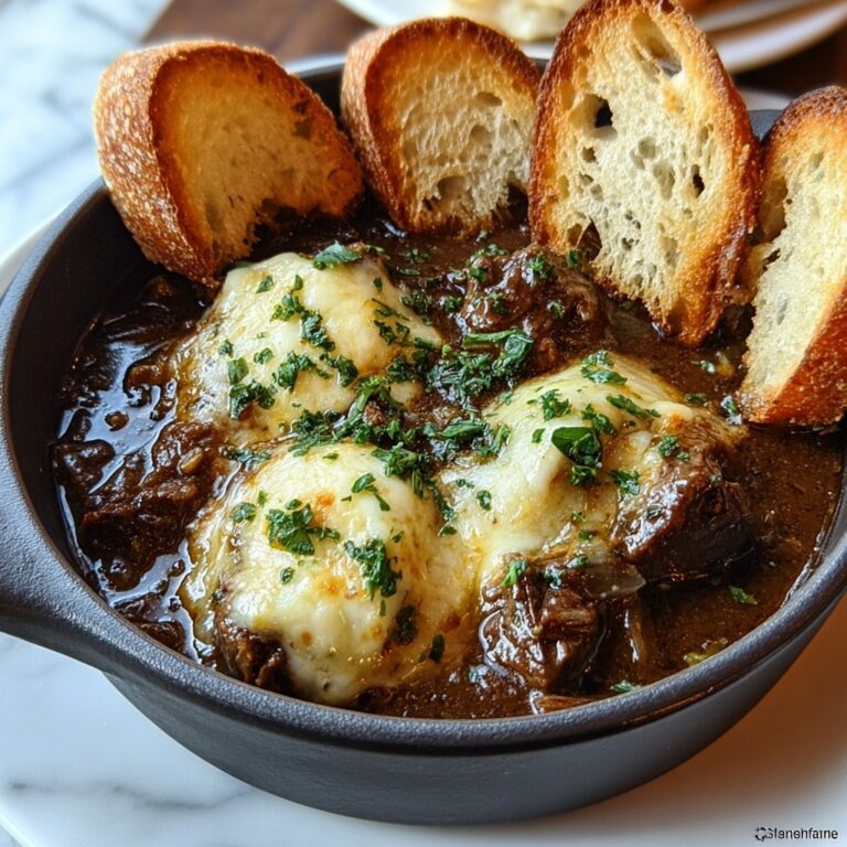 French Onion Beef Stew with Cheesy Bread Topping Recipe