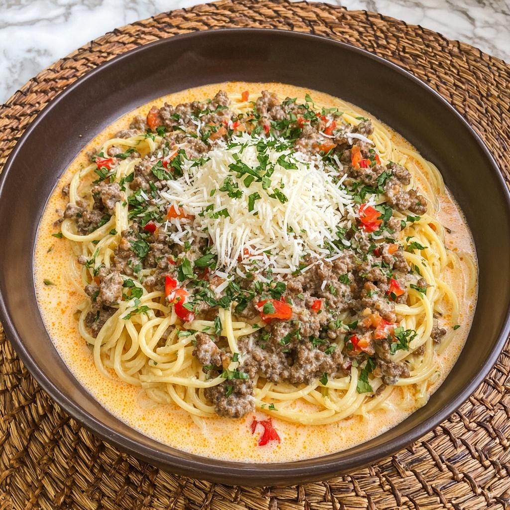 Beef Spaghetti in Creamy Three-Cheese Parmesan Sauce Recipe - Recipe Image